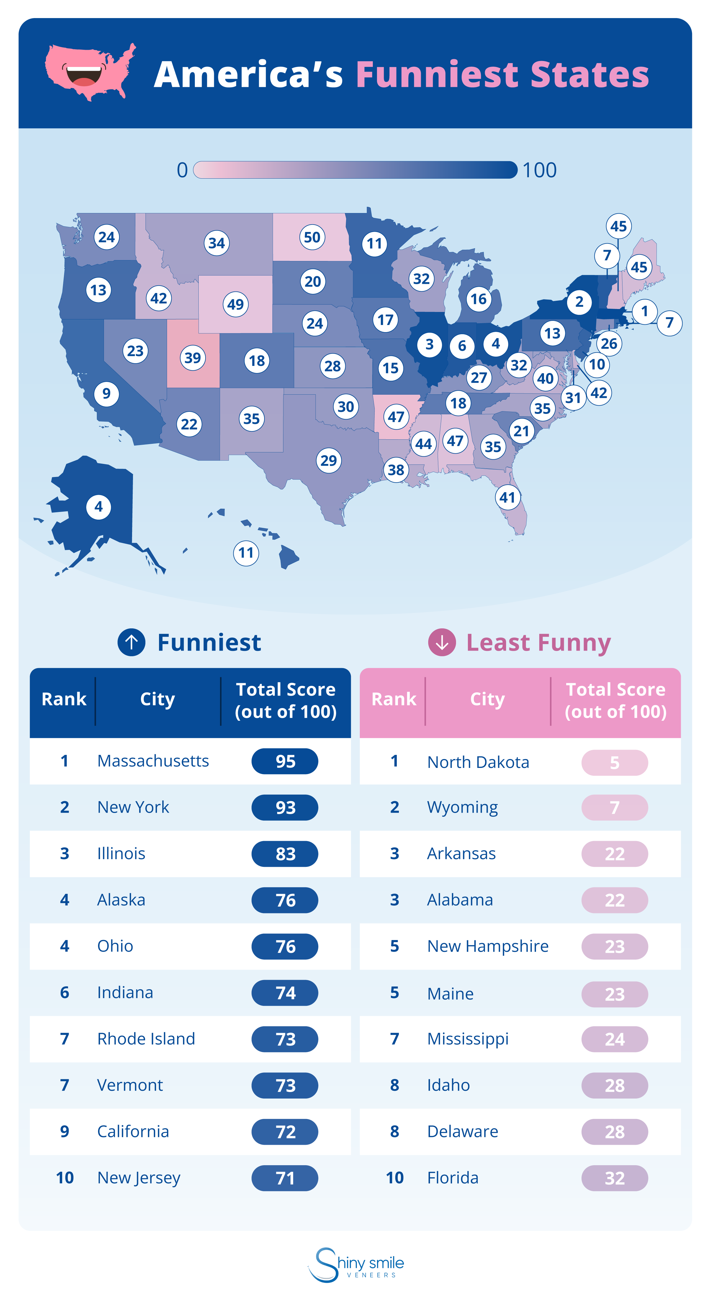 map of the US with emphasis on funniest states